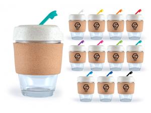 Eco Flip Lid Glass Coffee Cups With Cork Bands (320ml)
