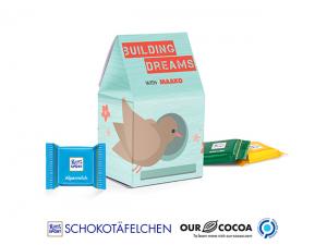 Stand-Up-Boxen aus Öko-Papier, gefüllt mit Ritter-Sportschokoladen (30 g)