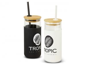 Glass Tumblers With Straw And Bamboo Lid