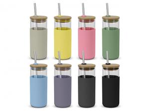 Glass Tumblers With Straw And Bamboo Lid (450ml)