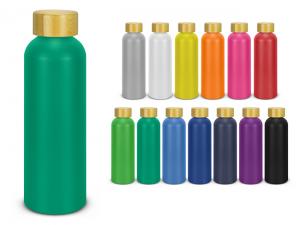 リサイクルアルミニウムドリンクボトル（600ml、竹蓋、サテン仕上げ）