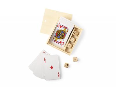Standard-Spielkartenstapel + Würfel in Holzkiste