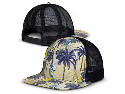 Vollfarbig bedruckte Trucker-Netzkappen aus Polyester mit flachem Schirm